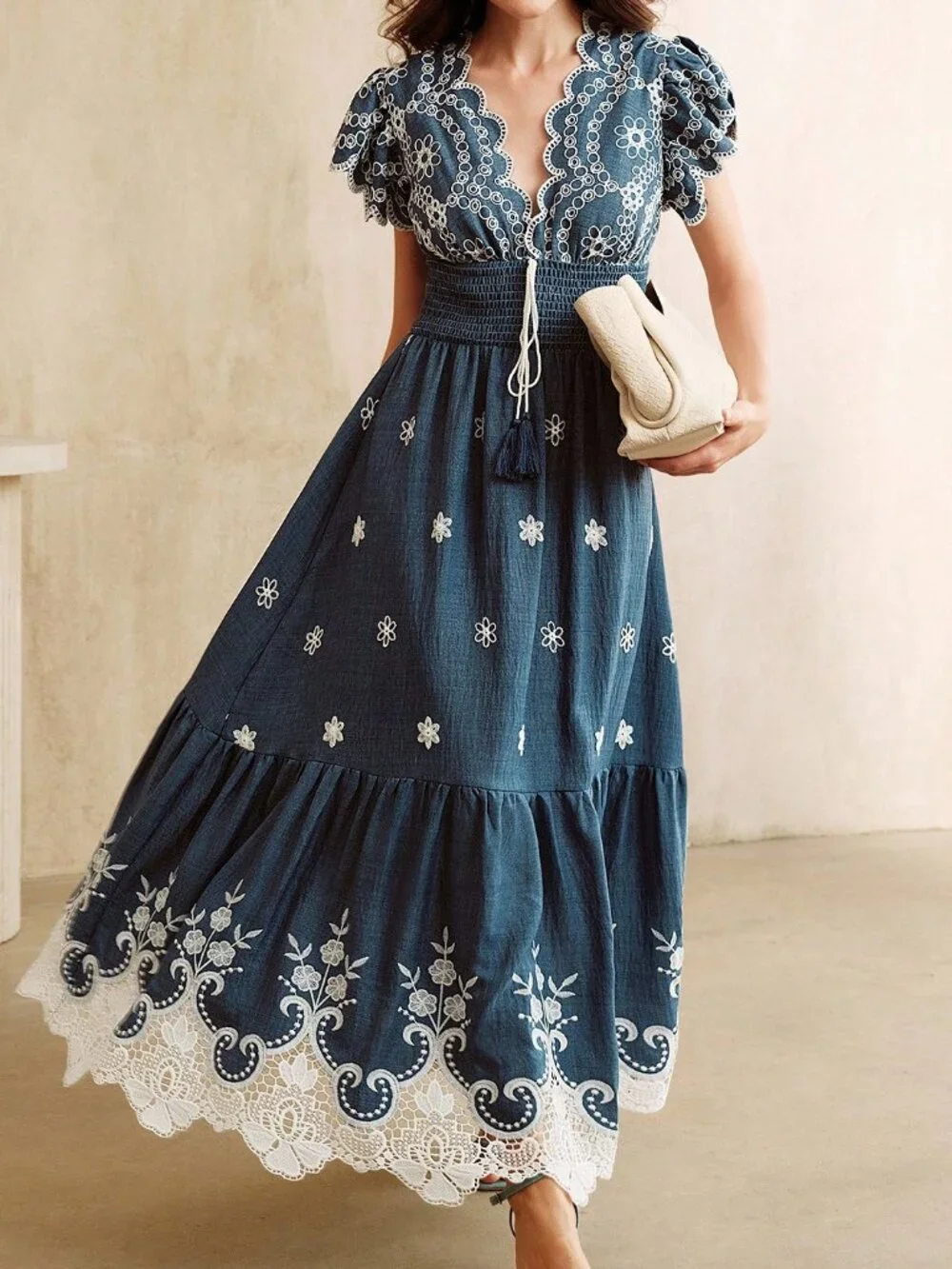 Blue Boho Women's Embroidered Lace Patchwork V-Neck Maxi Dress Short Sleeves - Picture 6 of 7